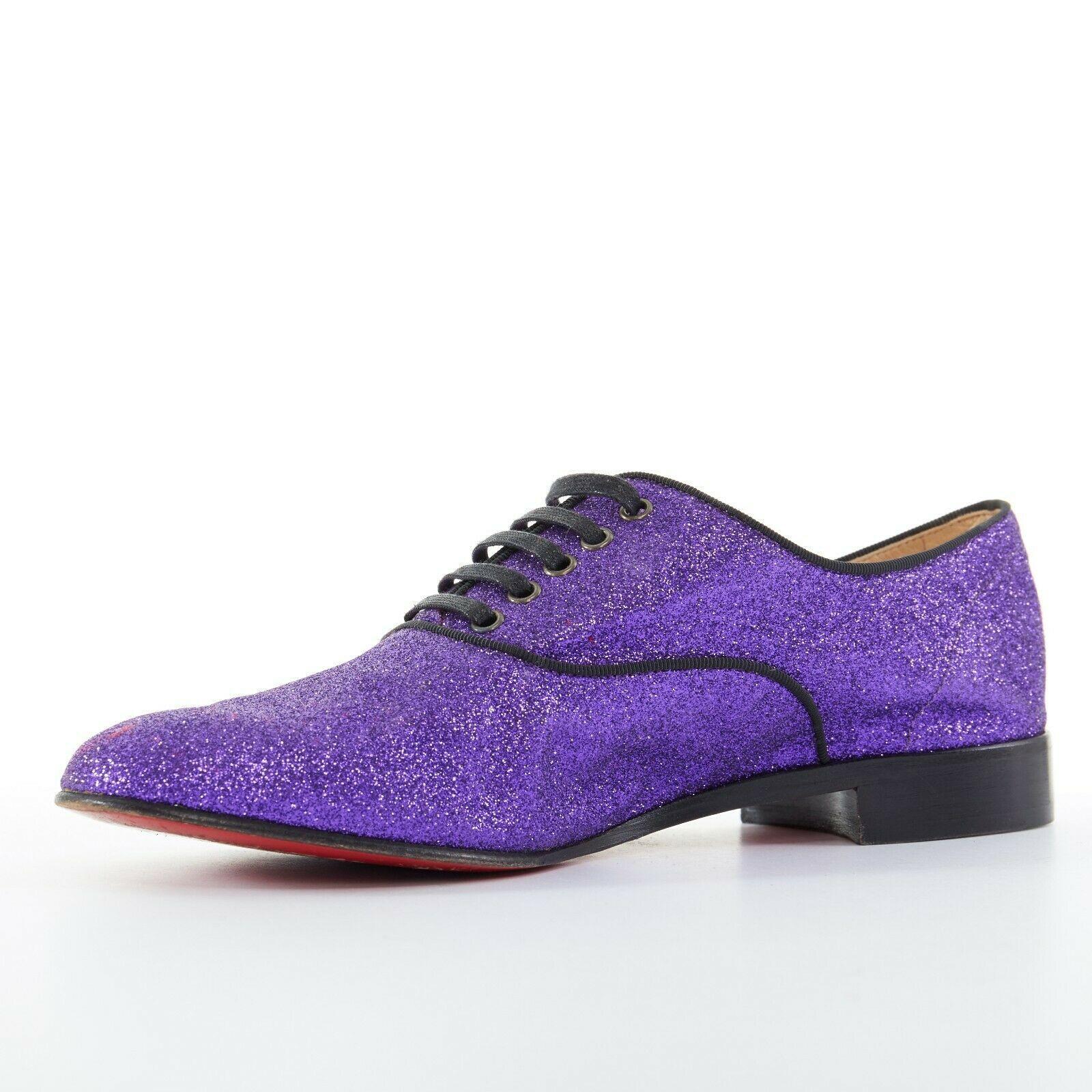 CHRISTIAN LOUBOUTIN Fred Flat purple glitter leather lace derby flat shoe EU37.5 In Excellent Condition In Hong Kong, NT