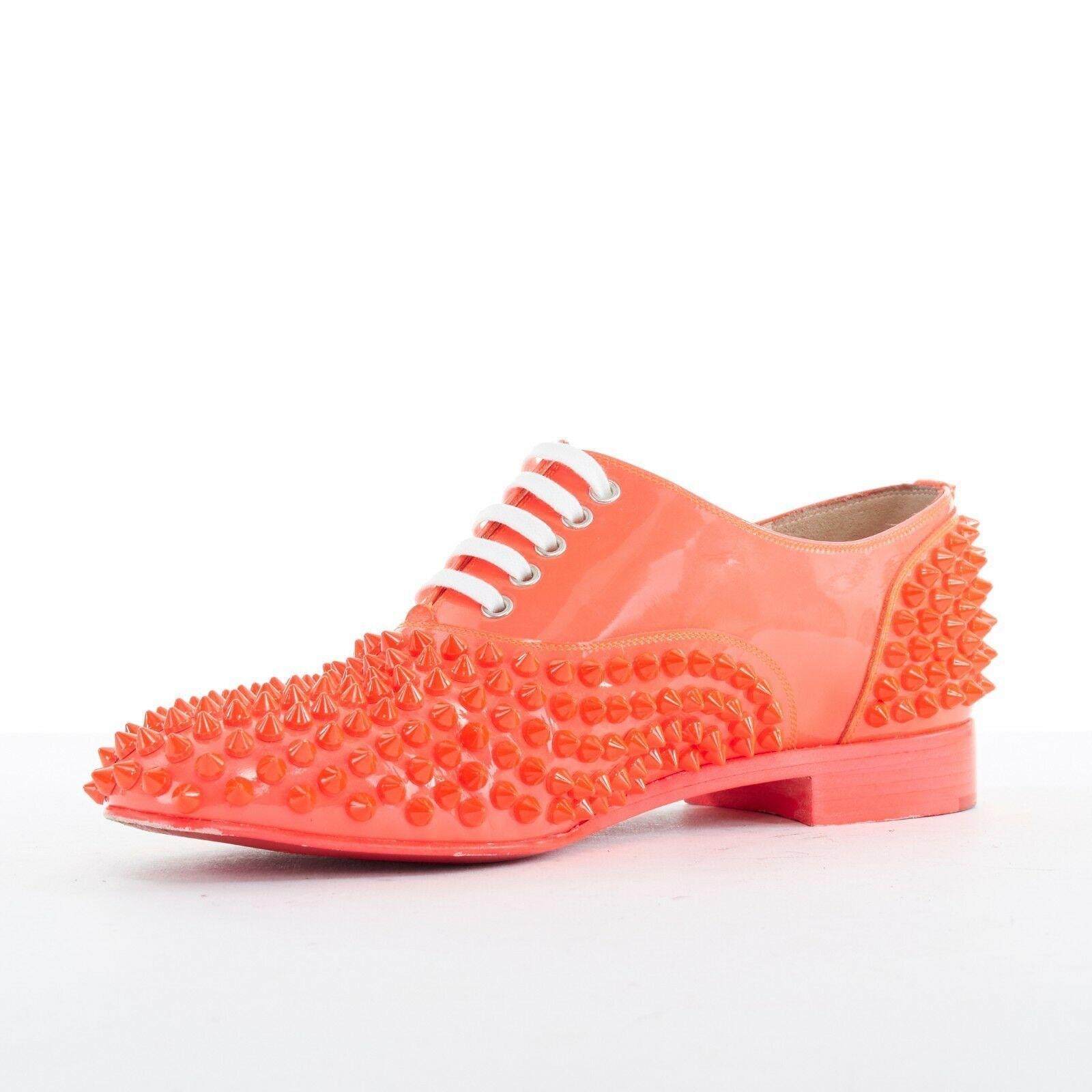 CHRISTIAN LOUBOUTIN Freddy electric pink neon spike studded laced flats EU37.5 In Excellent Condition In Hong Kong, NT