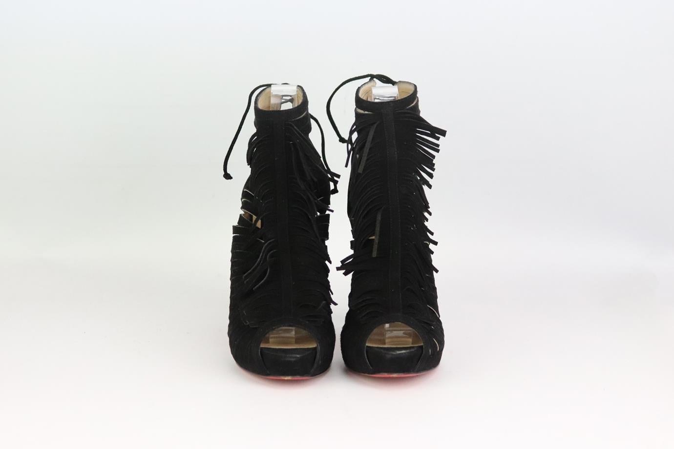 Christian Louboutin fringed cutout suede sandals. Made from black suede with fringed detail down the front, lace up at the back and set on the brand’s iconic red sole. Black. Lace up fastening at back. Does not come with box or dustbag. Size: EU