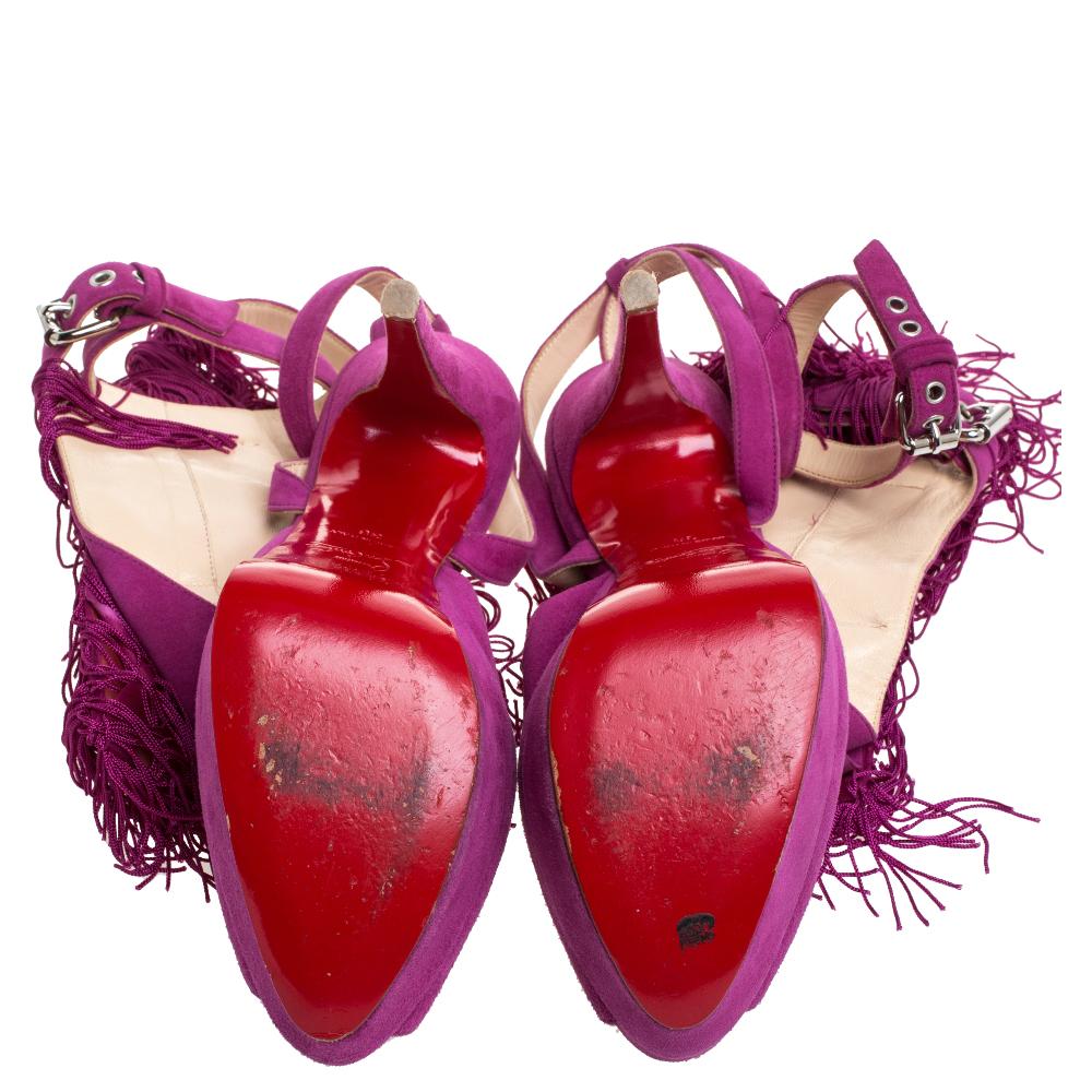Christian Louboutin Fuchsia Suede Change Of The Guard Cross Ankle Size 36 In Good Condition In Dubai, Al Qouz 2