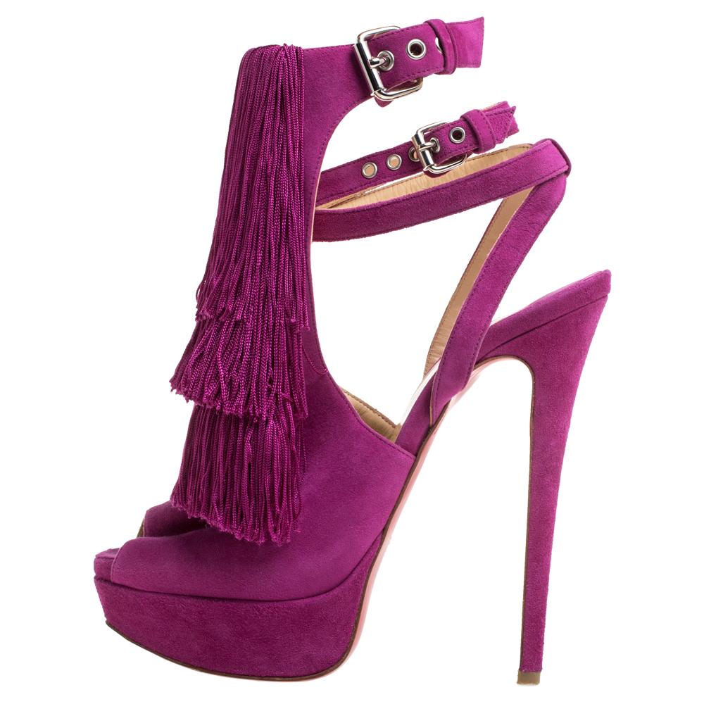 Women's Christian Louboutin Fuchsia Suede Change Of The Guard Cross Ankle Size 36