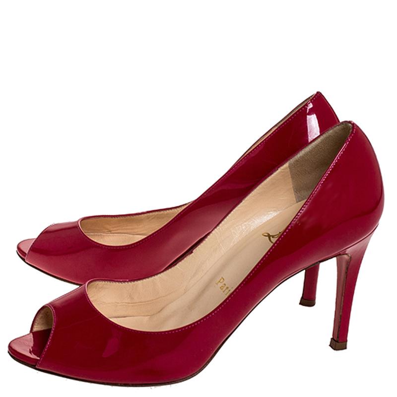 Red Christian Louboutin Fuschia Patent Leather Maryl Peep Toe Pumps Size 37