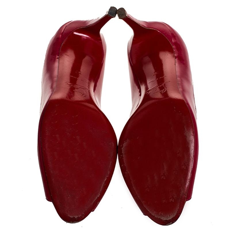 Women's Christian Louboutin Fuschia Patent Leather Maryl Peep Toe Pumps Size 37