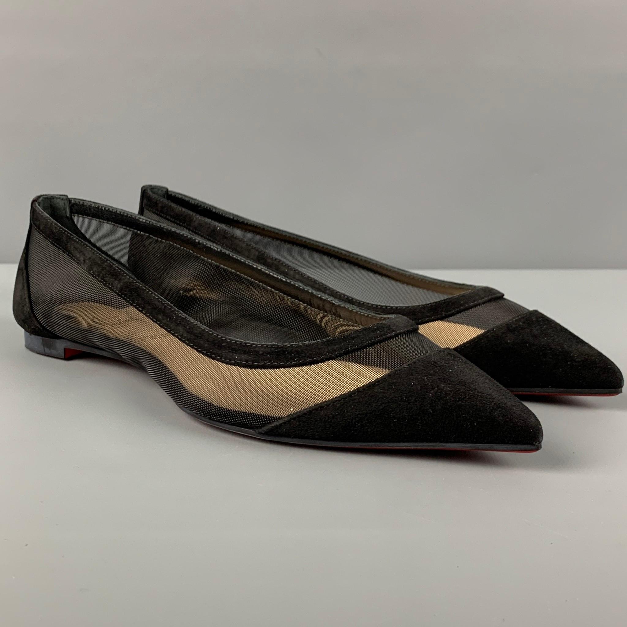 CHRISTIAN LOUBOUTIN 'Galativi' flats comes in a black suede with a mesh panel featuring a pointed toe and signature red sole. Includes box. Made in Italy. 

Excellent Pre-Owned Condition.
Marked: 37

Outsole: 10.5 in. x 3.25 in. 