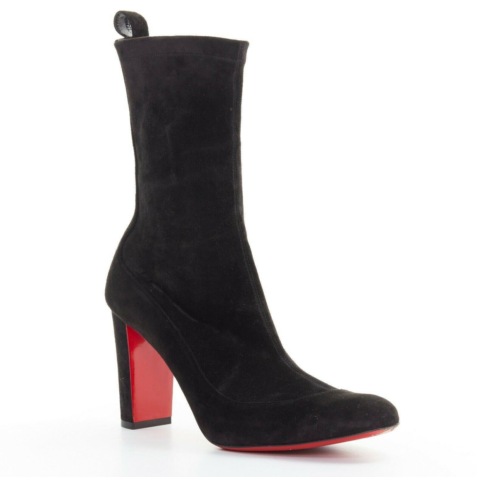 CHRISTIAN LOUBOUTIN Gena 85 black stretch suede chunky heel sock boot EU38.5
CHRISTIAN LOUBOUTIN
Gena Bootie 85. Veau velours black suede leather upper. 
Stretch fit. Round toe. Chunky heel. Tonal stitching. Padded tan leather lining. 
Signature