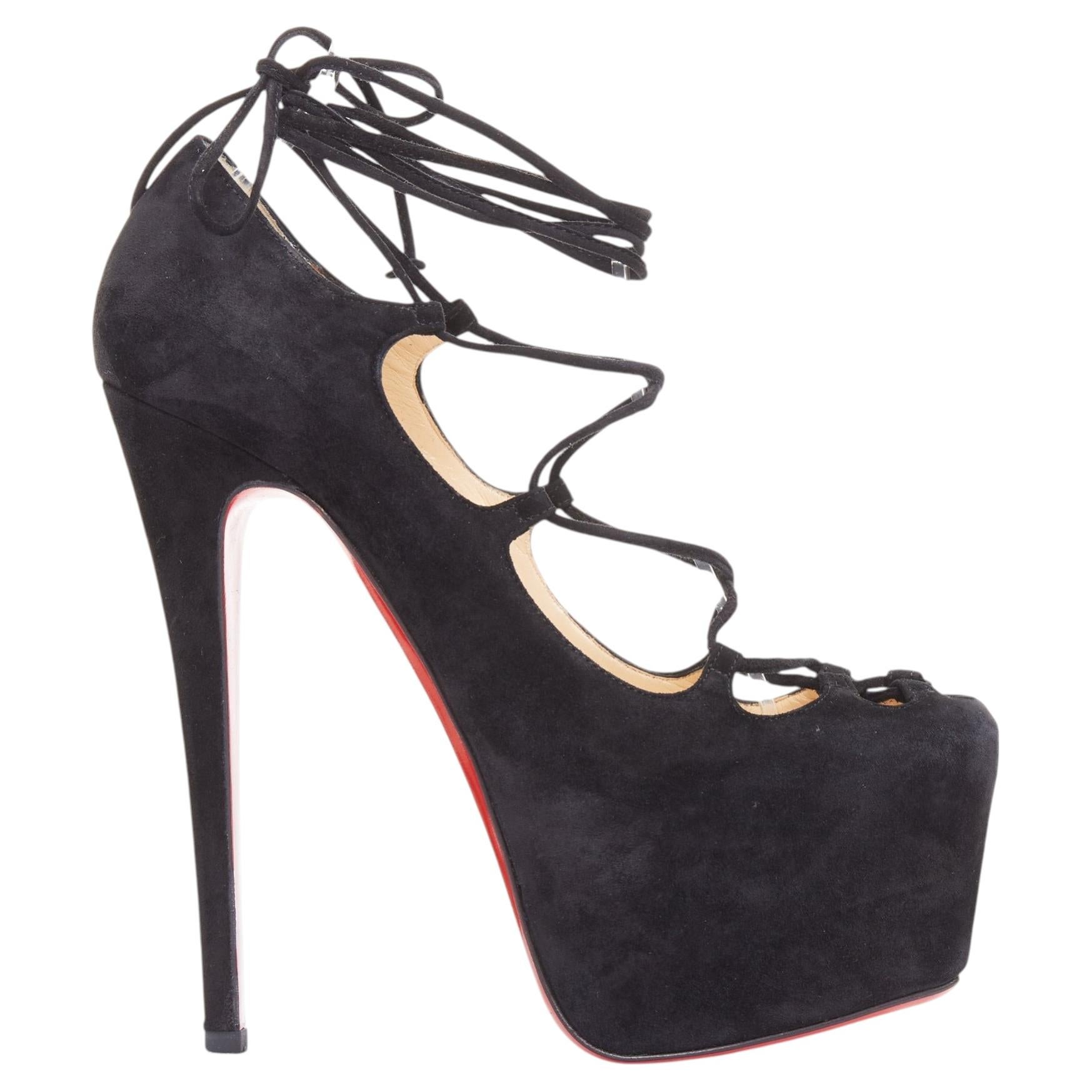 Pre-owned Christian Louboutin Ghildarc 160 Suede Square Toe Lace Up Platform Pumps Eu37.5 In Black