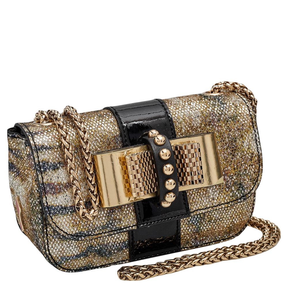 Brown Christian Louboutin Glitter and Leather Mini Spiked Sweet Charity Crossbody Bag