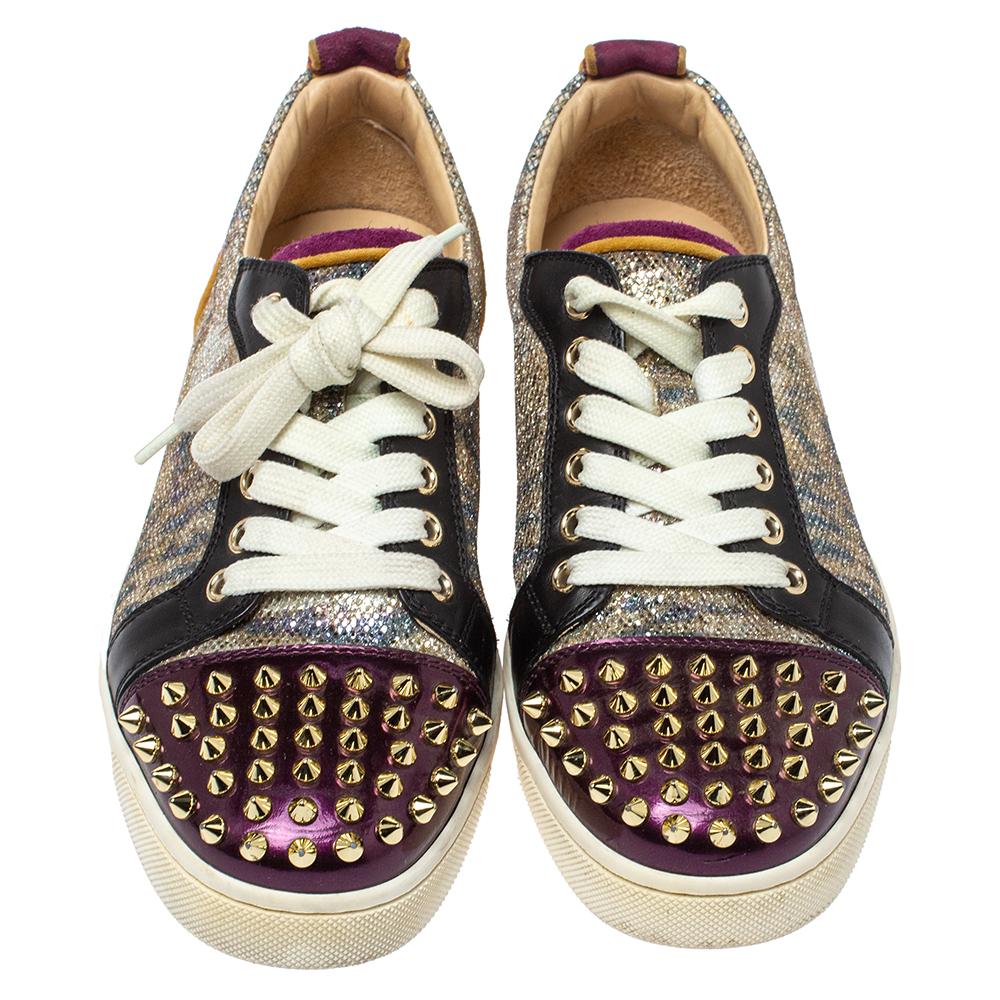 Christian Louboutin Glitter and LeatherSpikes Sneakers Size 37.5 In Good Condition In Dubai, Al Qouz 2