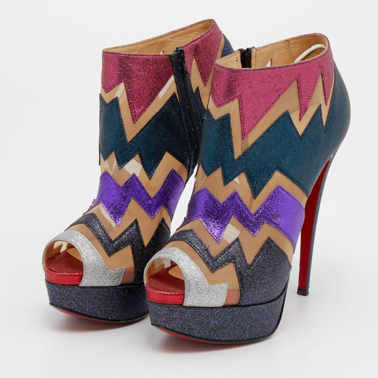 Christian Louboutin Glitter and Mesh Ziggy Peep-Toe Ankle Booties Size ...