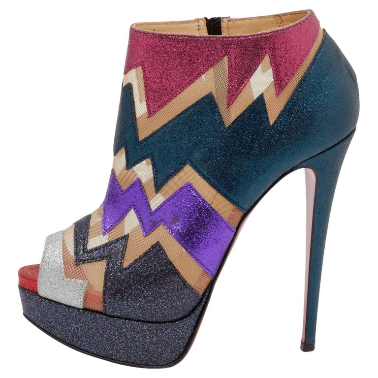 Christian Louboutin Glitter and Mesh Ziggy Peep-Toe Ankle Booties Size 37.5  For Sale at 1stDibs