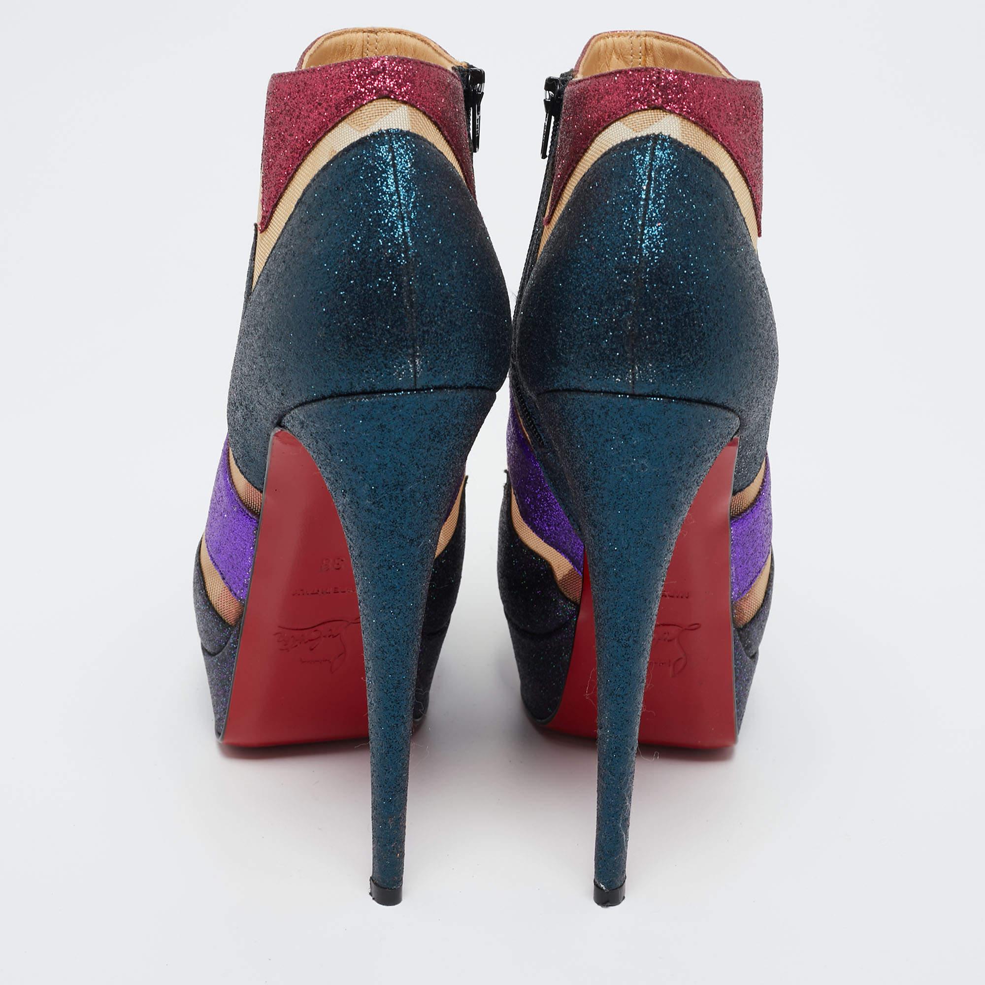 Christian Louboutin Glitter and Mesh Ziggy Peep-Toe Ankle Booties Size 38 In Good Condition For Sale In Dubai, Al Qouz 2