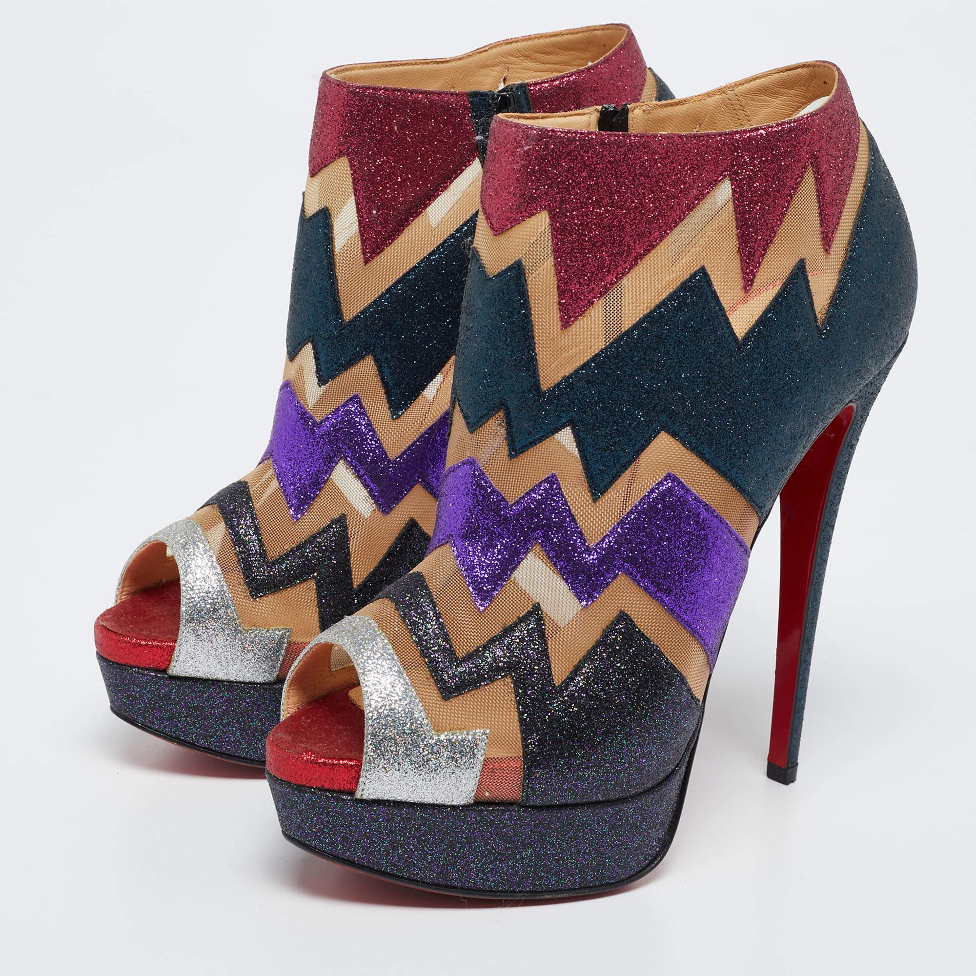 Christian Louboutin Glitter and Mesh Ziggy Peep-Toe Ankle Booties Size 38 For Sale 4