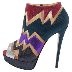 Used Christian Louboutin Glitter and Mesh Ziggy Peep-Toe Ankle Booties Size 38