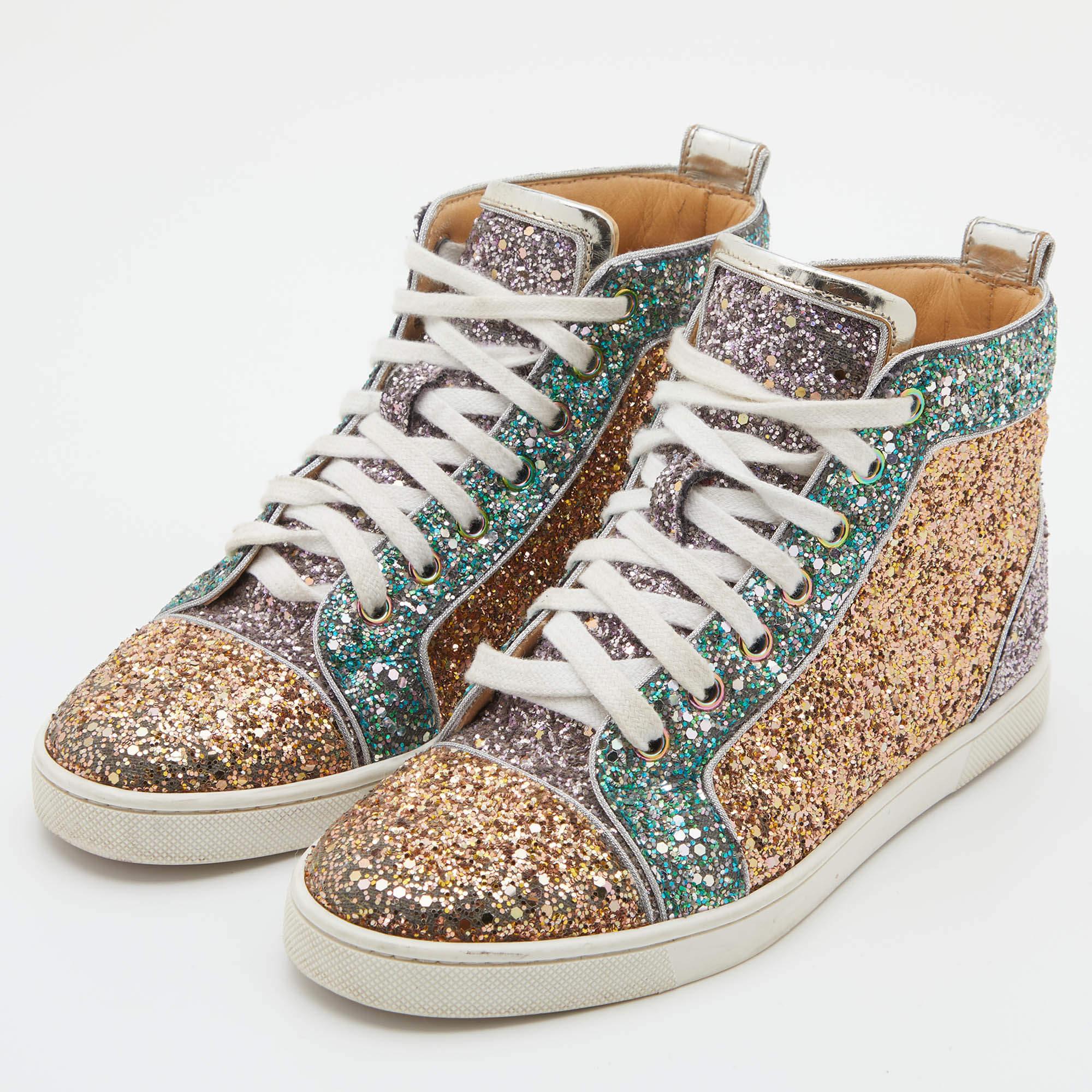Brown Christian Louboutin Glitter Fabric Bip Bip High Top Sneakers Size 35.5 For Sale
