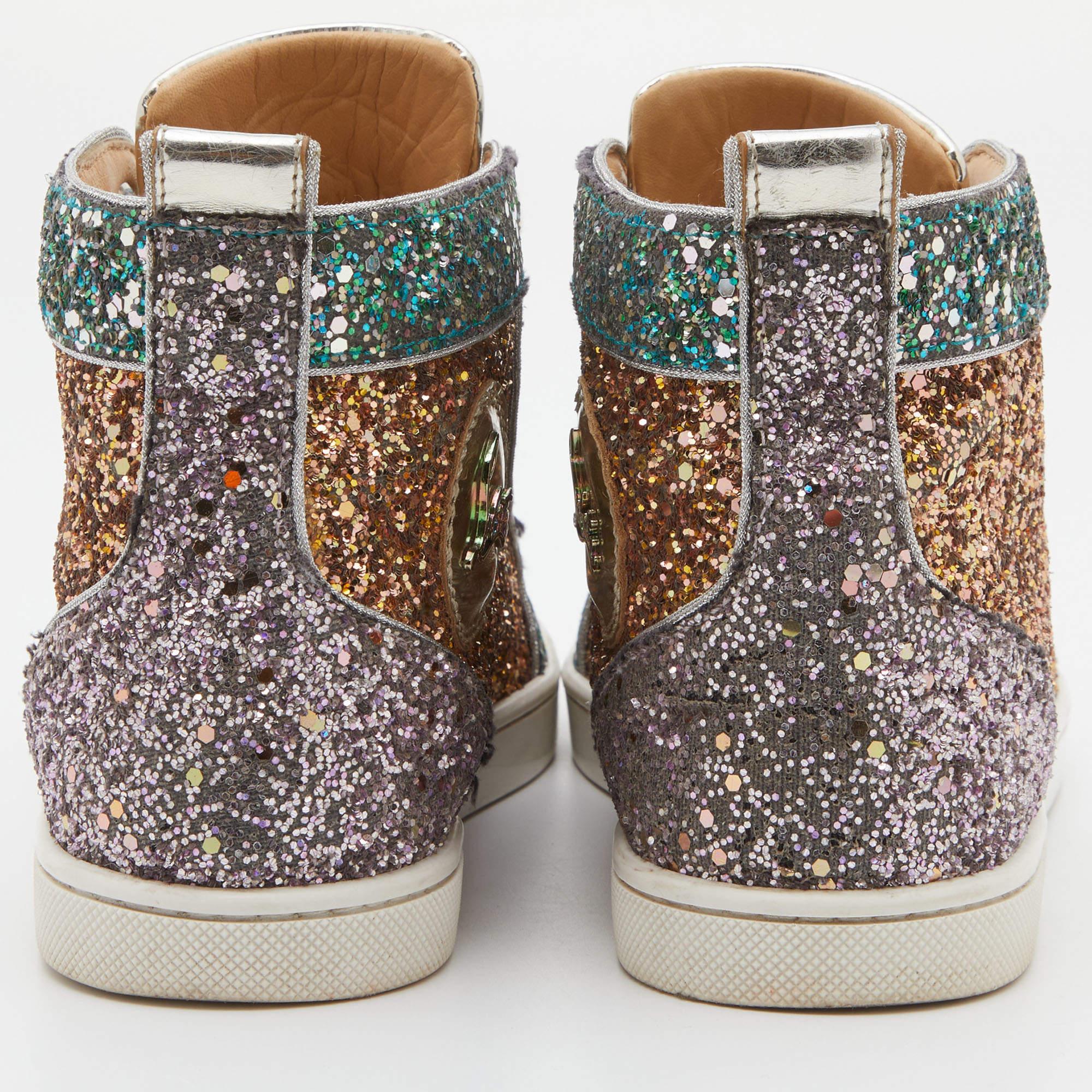Women's or Men's Christian Louboutin Glitter Fabric Bip Bip High Top Sneakers Size 35.5 For Sale