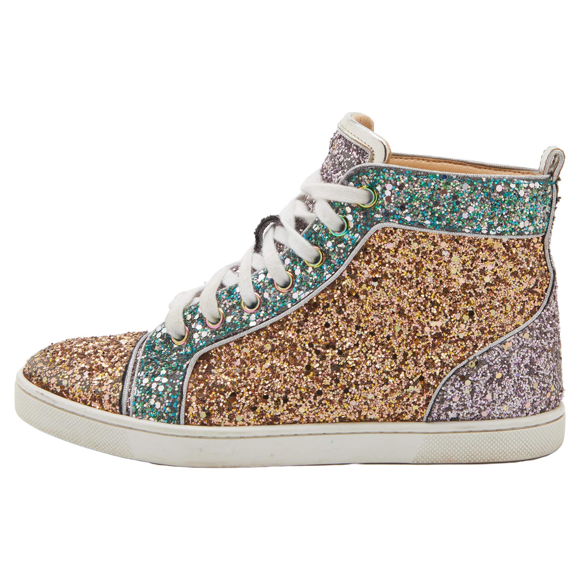 Christian Louboutin Glitter Fabric Bip Bip High Top Sneakers Size 35.5 For Sale