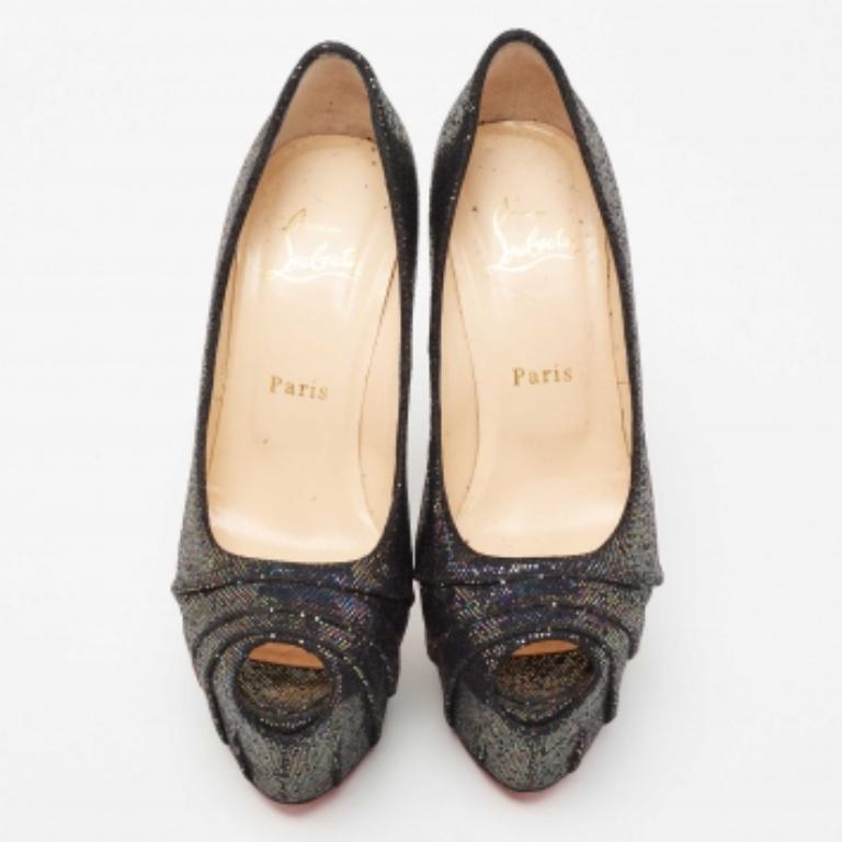 Women's Christian Louboutin Glitter Fabric Drapesse Spotlight Peep-Toe Pumps Size 37 For Sale
