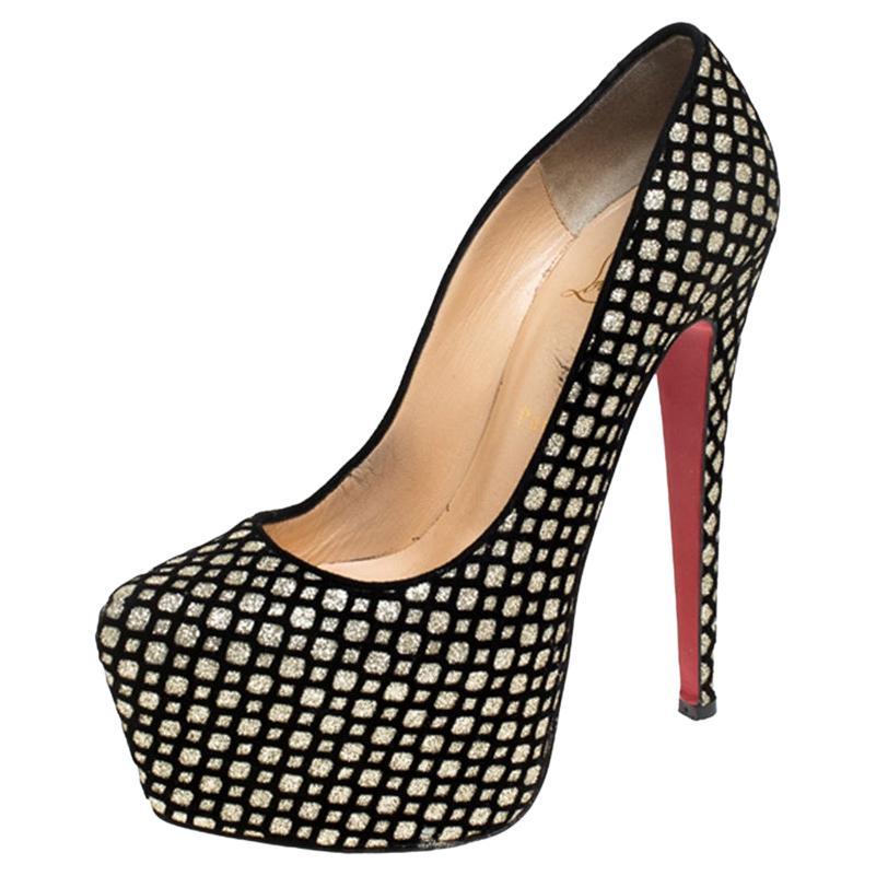 Christian Louboutin Glitter Floque and Suede Daffodile Platform Pumps Size 38.5 For Sale