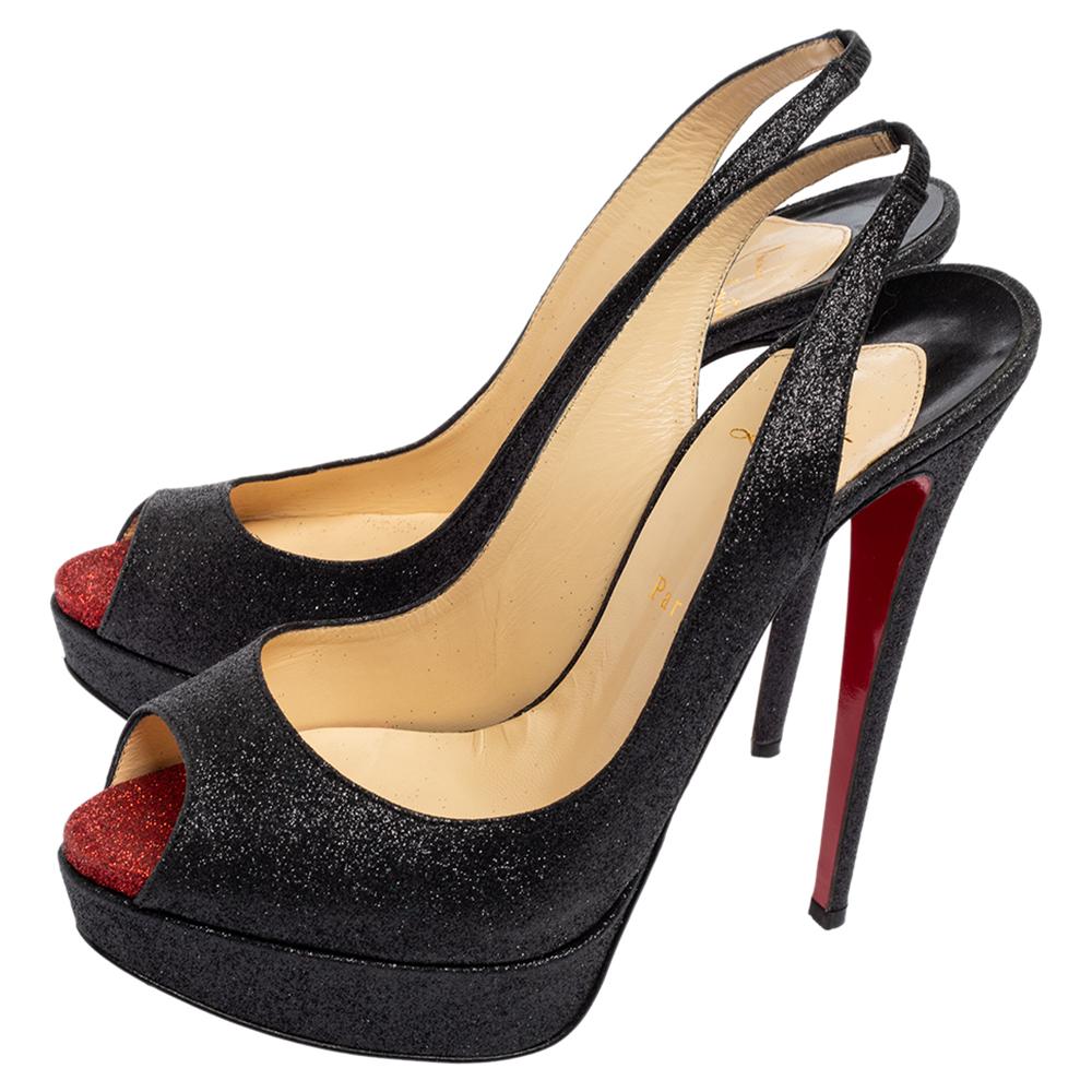 Black Christian Louboutin Glitter Lady Peep Toe Platform Slingback Sandals Size 41