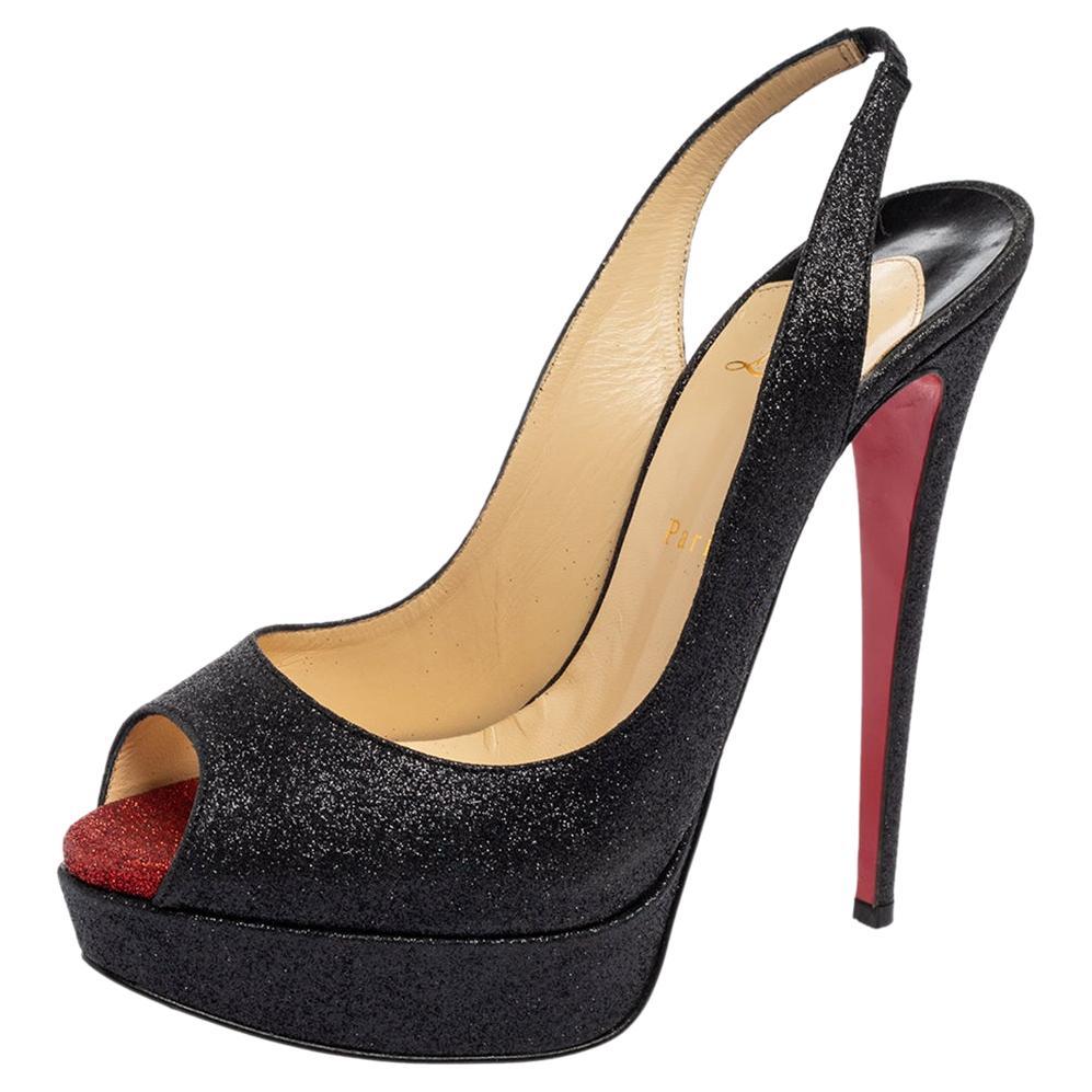 Christian Louboutin Glitter Lady Peep Toe Platform Slingback Sandals Size 41