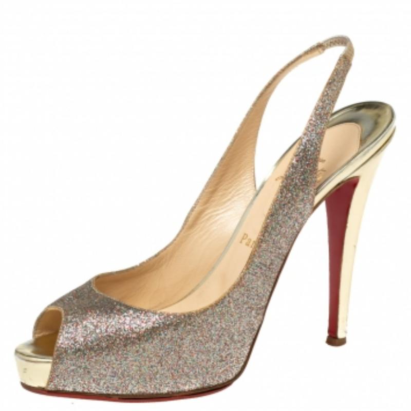 Christian Louboutin Glitter Leather No Prive Peep-Toe Slingback Sandals Size 39 (Sandales à talons compensés en cuir pailleté) État moyen - En vente à Dubai, Al Qouz 2