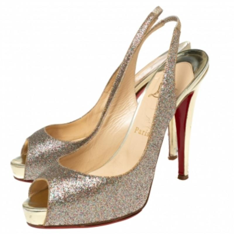 Christian Louboutin Glitter Leather No Prive Peep-Toe Slingback Sandals Size 39 (Sandales à talons compensés en cuir pailleté) en vente 4
