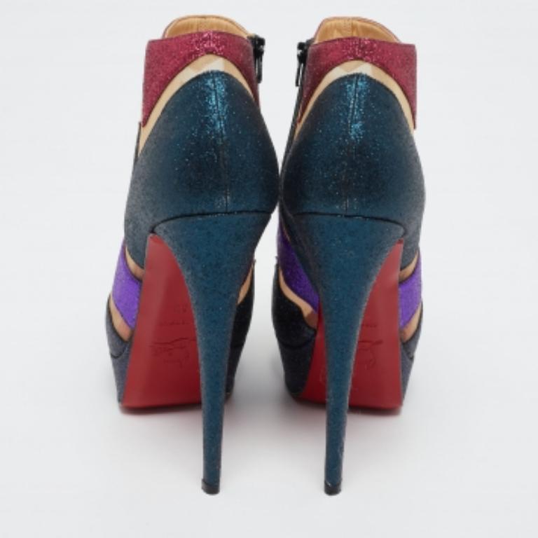 Women's Christian Louboutin Glitter & Mesh Ziggy Peep-Toe Ankle Booties Size 38 For Sale