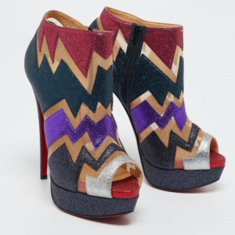 Christian Louboutin Glitter & Mesh Ziggy Peep-Toe Ankle Booties Size 38 For Sale 1