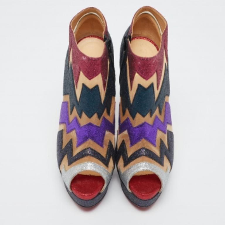 Christian Louboutin Glitter & Mesh Ziggy Peep-Toe Ankle Booties Size 38 For Sale 2
