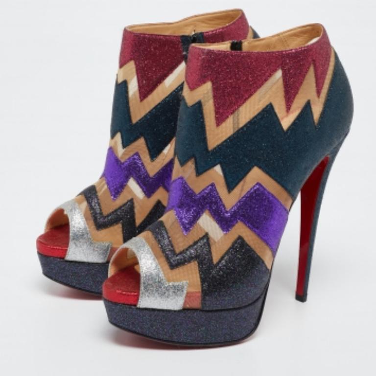 Christian Louboutin Glitter & Mesh Ziggy Peep-Toe Ankle Booties Size 38 For Sale 3