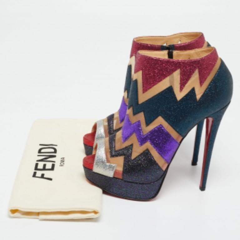 Christian Louboutin Glitter & Mesh Ziggy Peep-Toe Ankle Booties Size 38 For Sale 4