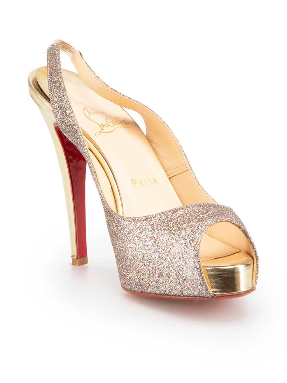 CONDITION is Good. Minor wear to shoes is evident. Light wear to both shoe heels with indents to the leather and both insoles have started peeling off on this used Christian Louboutin designer resale item.
 
 Details
 Multicolour
 Glitter
 Heels
