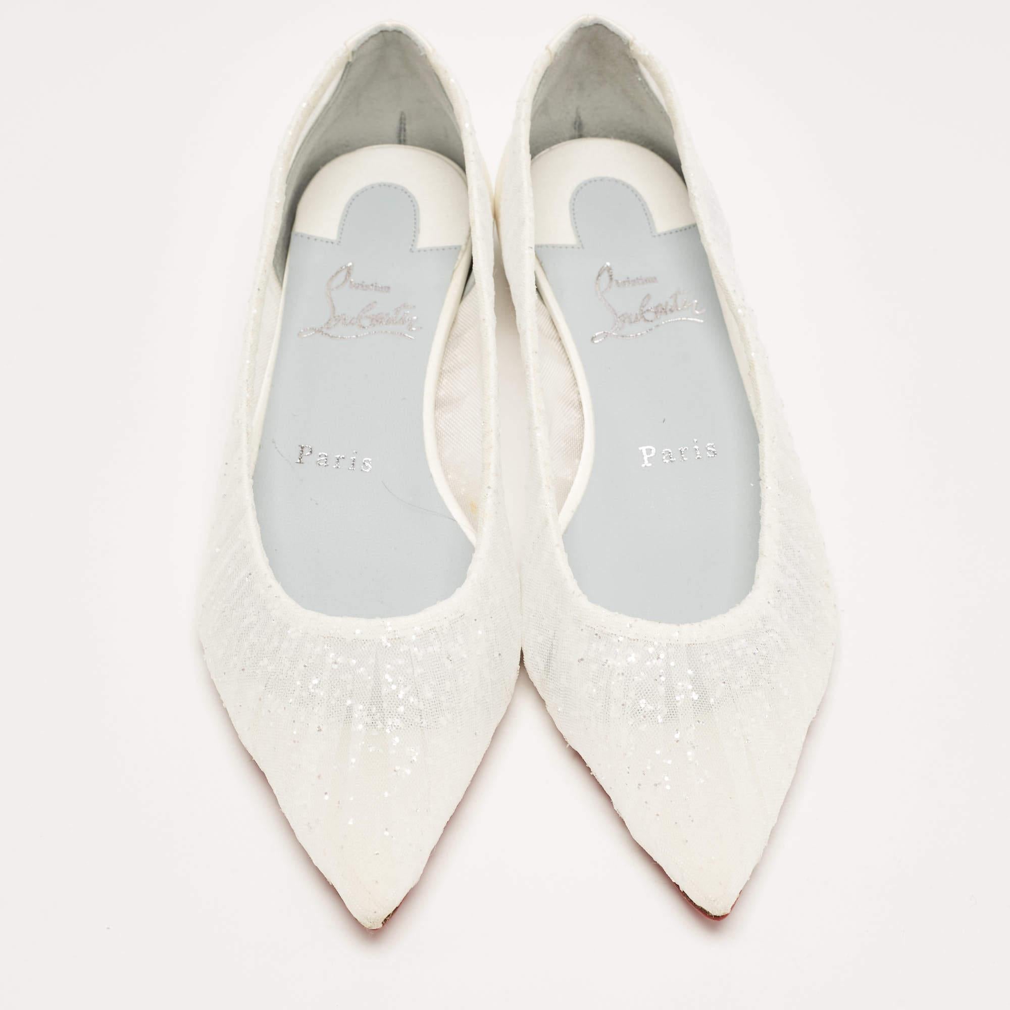 Beige Christian Louboutin Glitter Tulle Fabric & Satin Kate Ballet Flats Size 36.5 For Sale