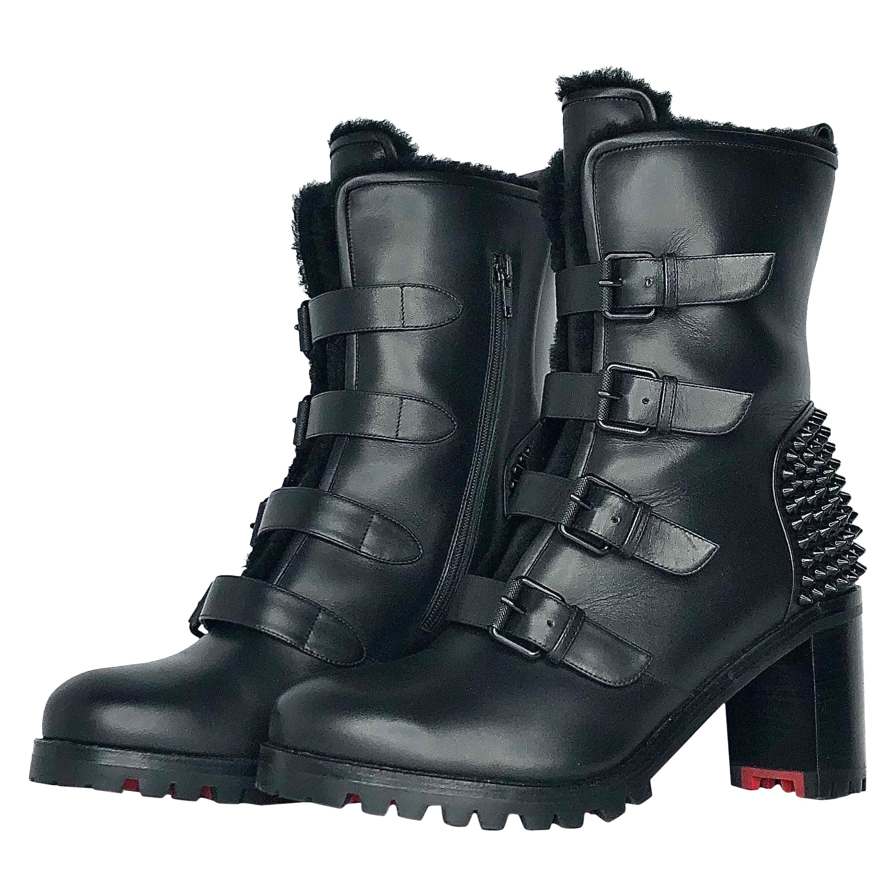 Christian Louboutin Glorymount 70 Spike Buckle Detail Lug Sole Boots 38.5