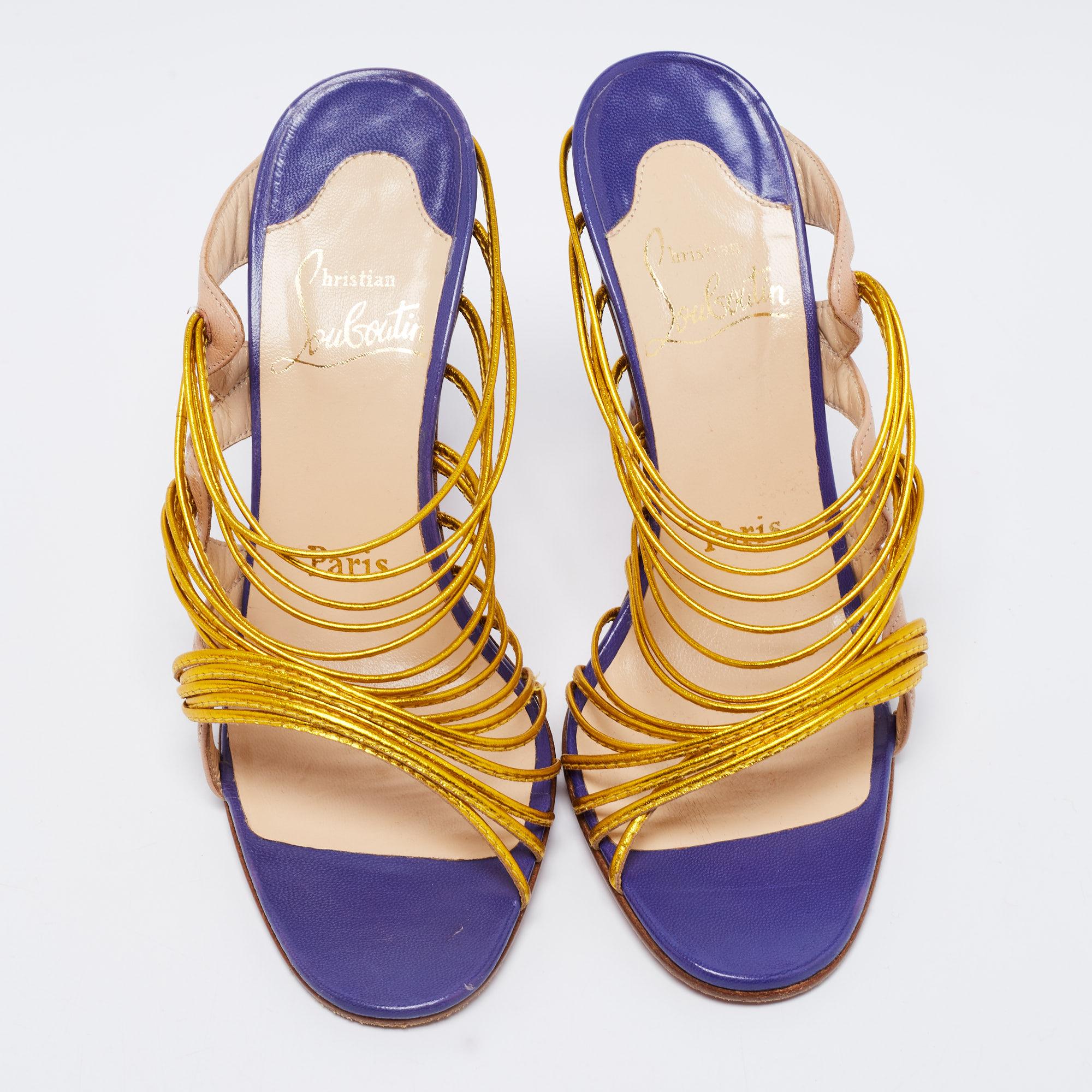 Christian Louboutin Gold/Beige Leather Strappy Frescobaldi Sandals Size 36 In Good Condition In Dubai, Al Qouz 2
