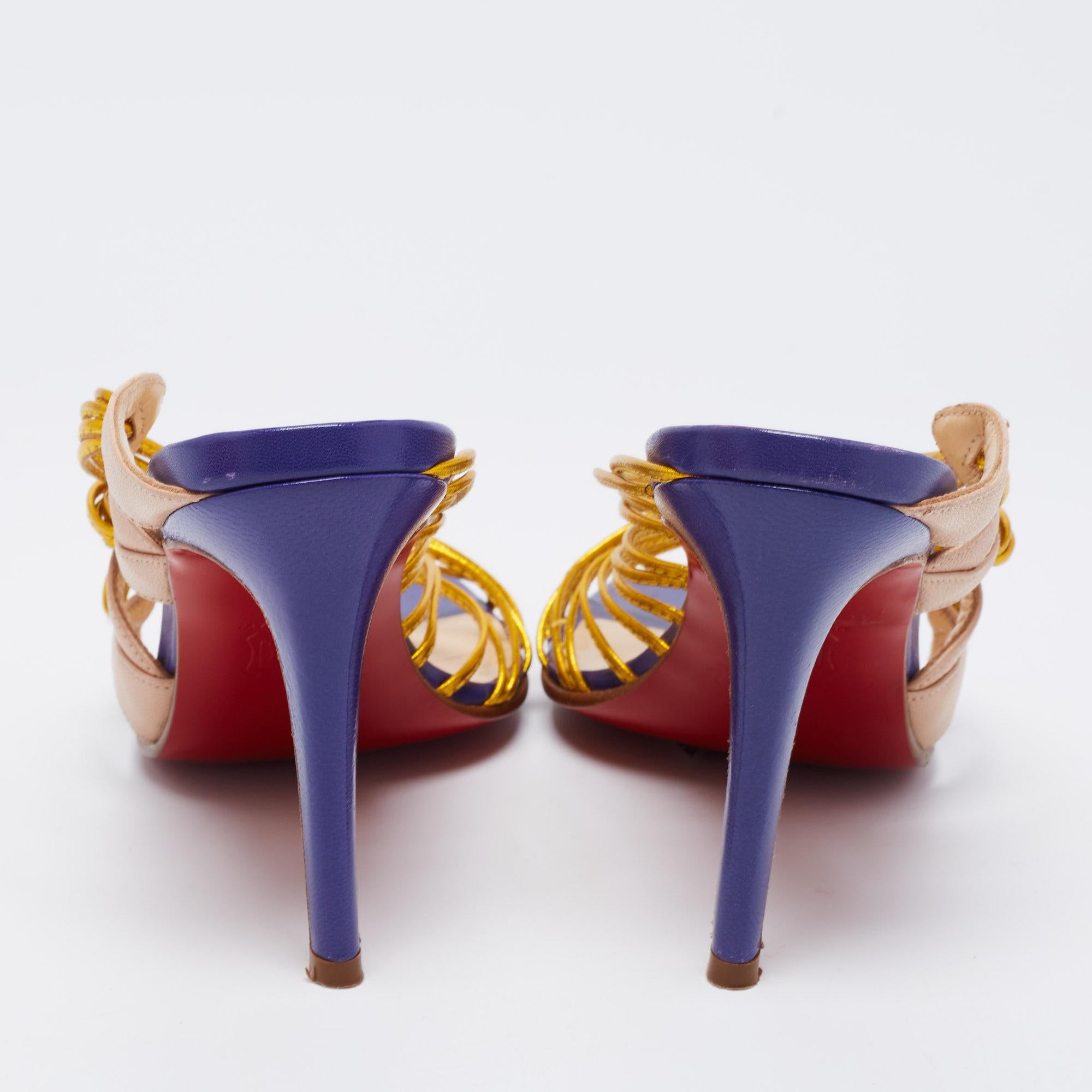 Christian Louboutin Gold/Beige Leather Strappy Frescobaldi Sandals Size 36 3