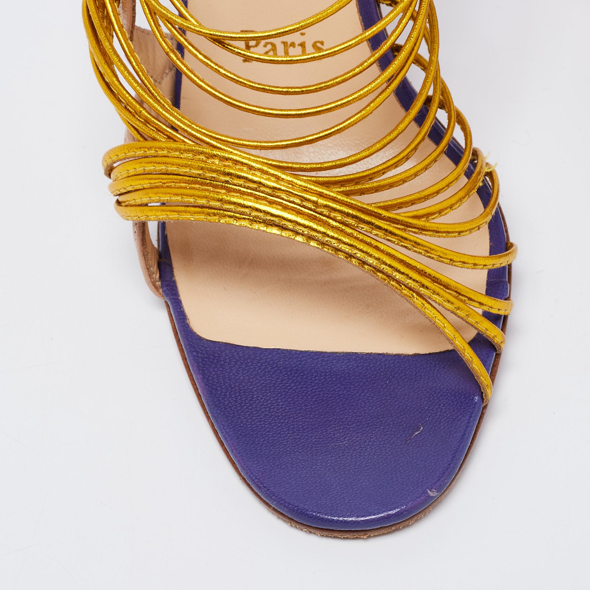 Christian Louboutin Gold/Beige Leather Strappy Frescobaldi Sandals Size 36 4
