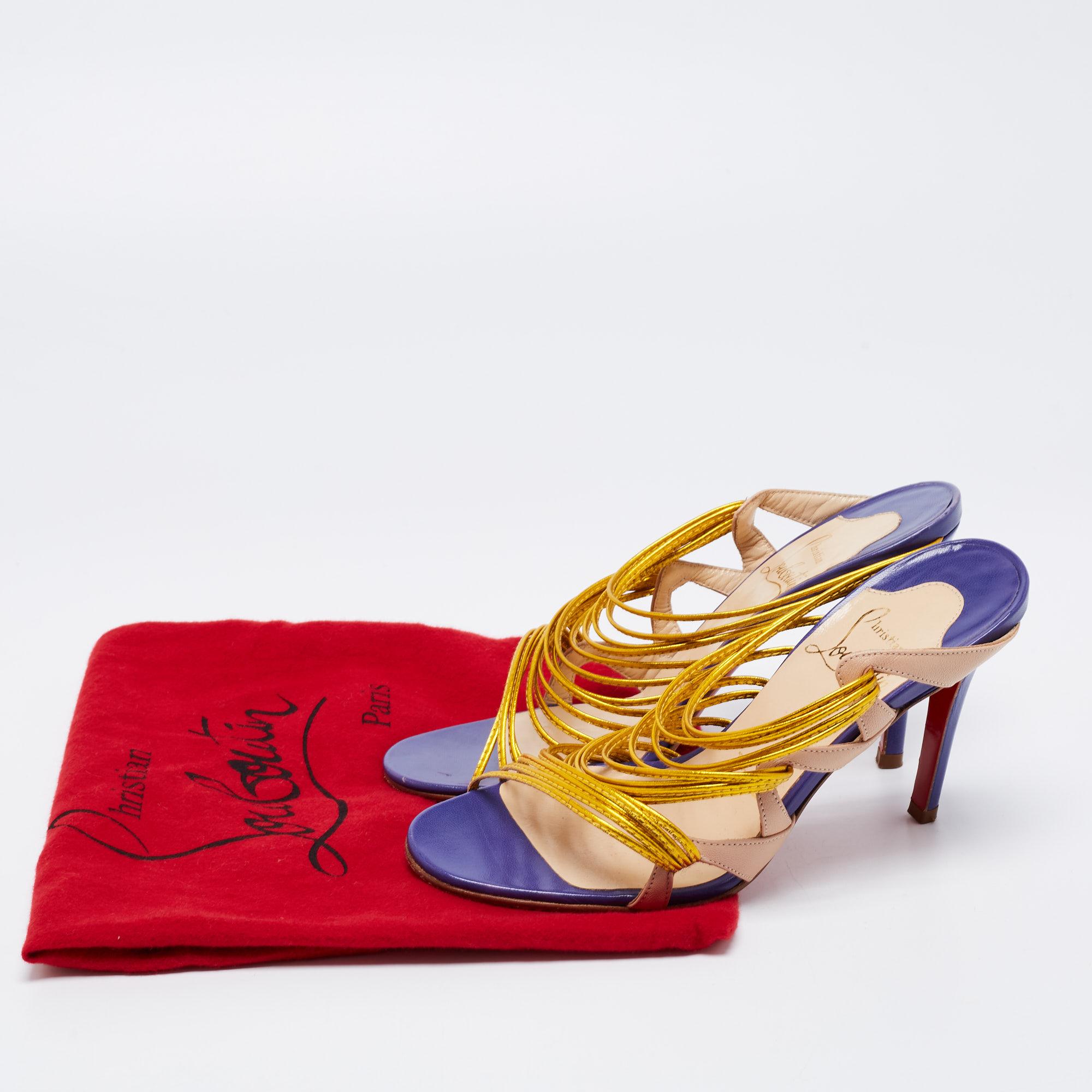 Christian Louboutin Gold/Beige Leather Strappy Frescobaldi Sandals Size 36 5