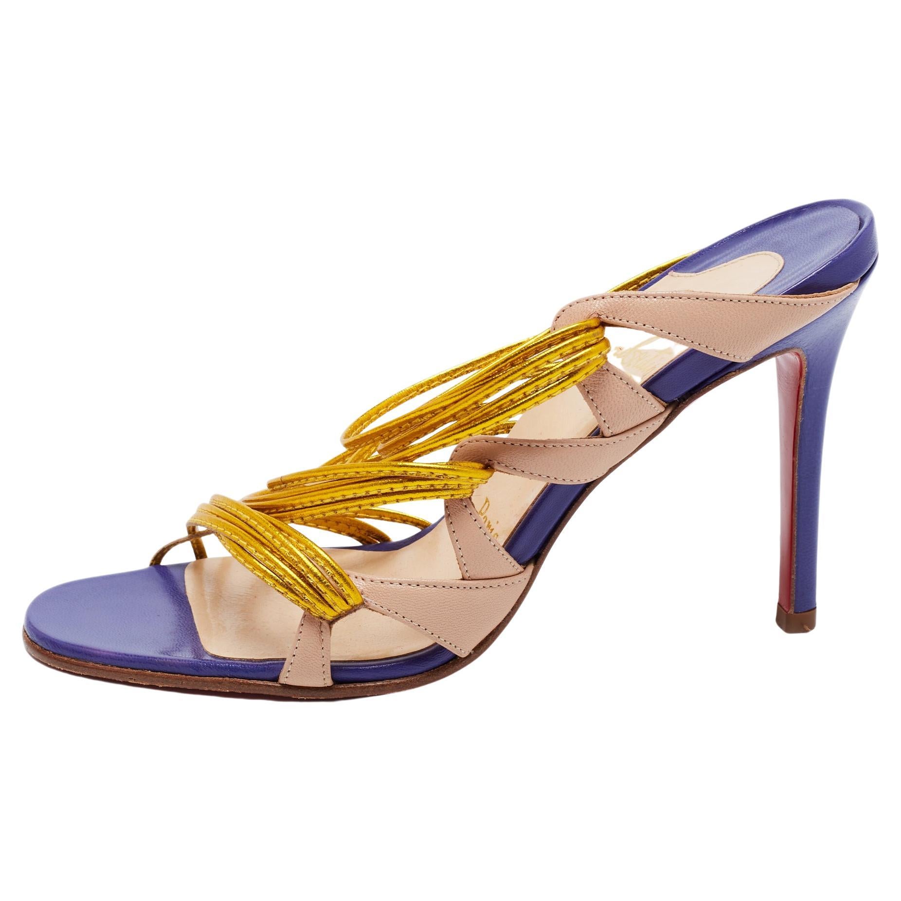 Christian Louboutin Gold/Beige Leather Strappy Frescobaldi Sandals Size 36  For Sale at 1stDibs