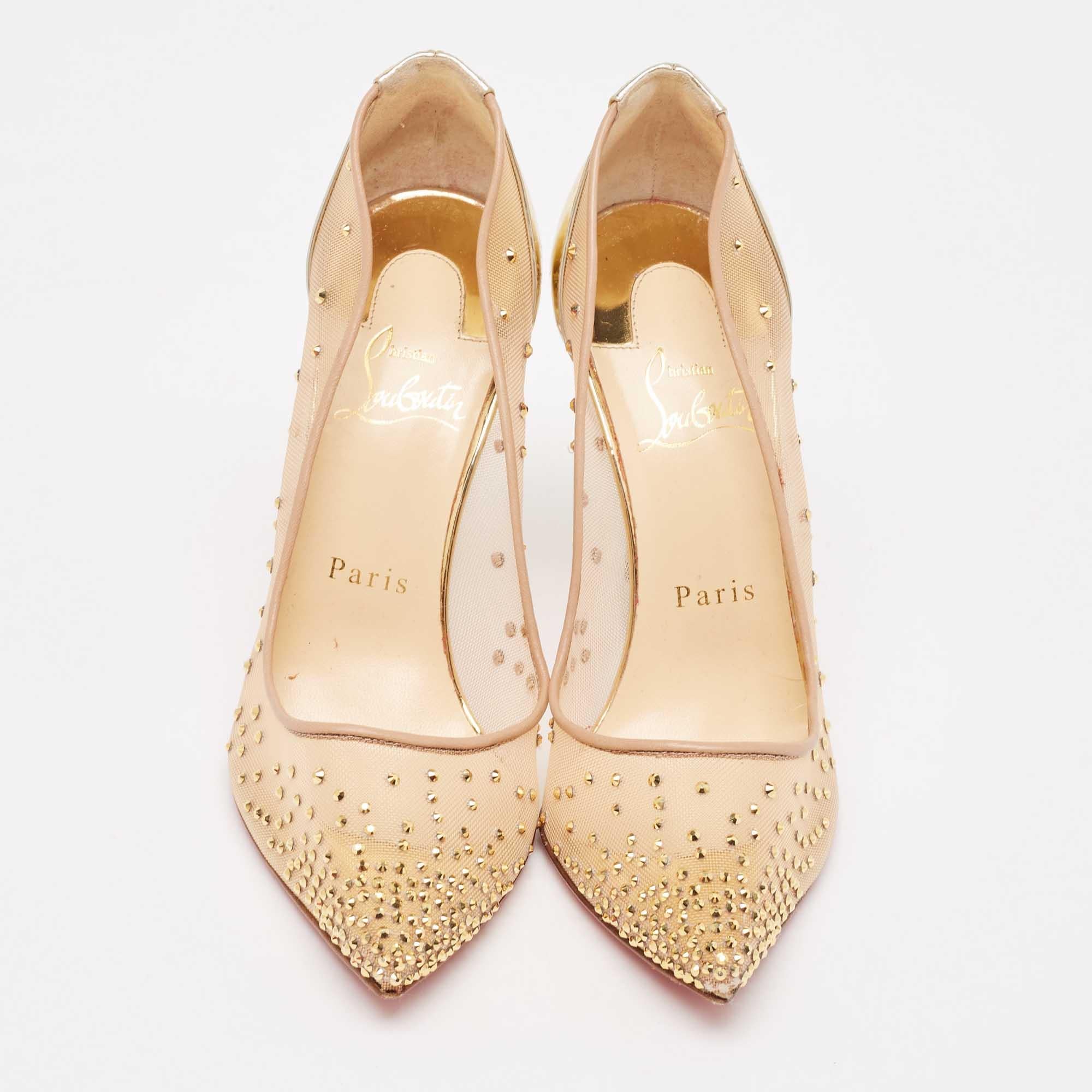 Christian Louboutin Gold/Beige Mesh Follies StrassPumps Size 36.5 In Good Condition In Dubai, Al Qouz 2