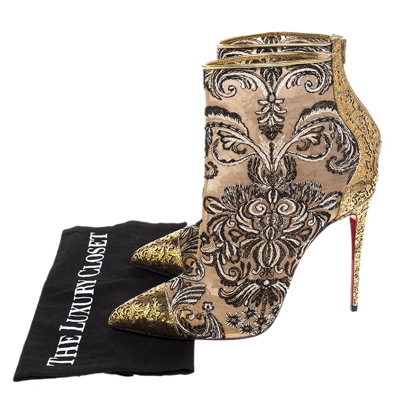 Women's Christian Louboutin Gold/Black Embroidered Fabric Leather Ankle Boots Size 38