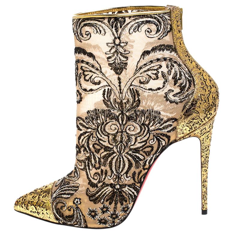 Christian Louboutin Gold/Black Embroidered Fabric Leather Ankle Boots Size 38