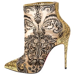 Christian Louboutin Gold/Black Embroidered Fabric Leather Ankle Boots Size 38