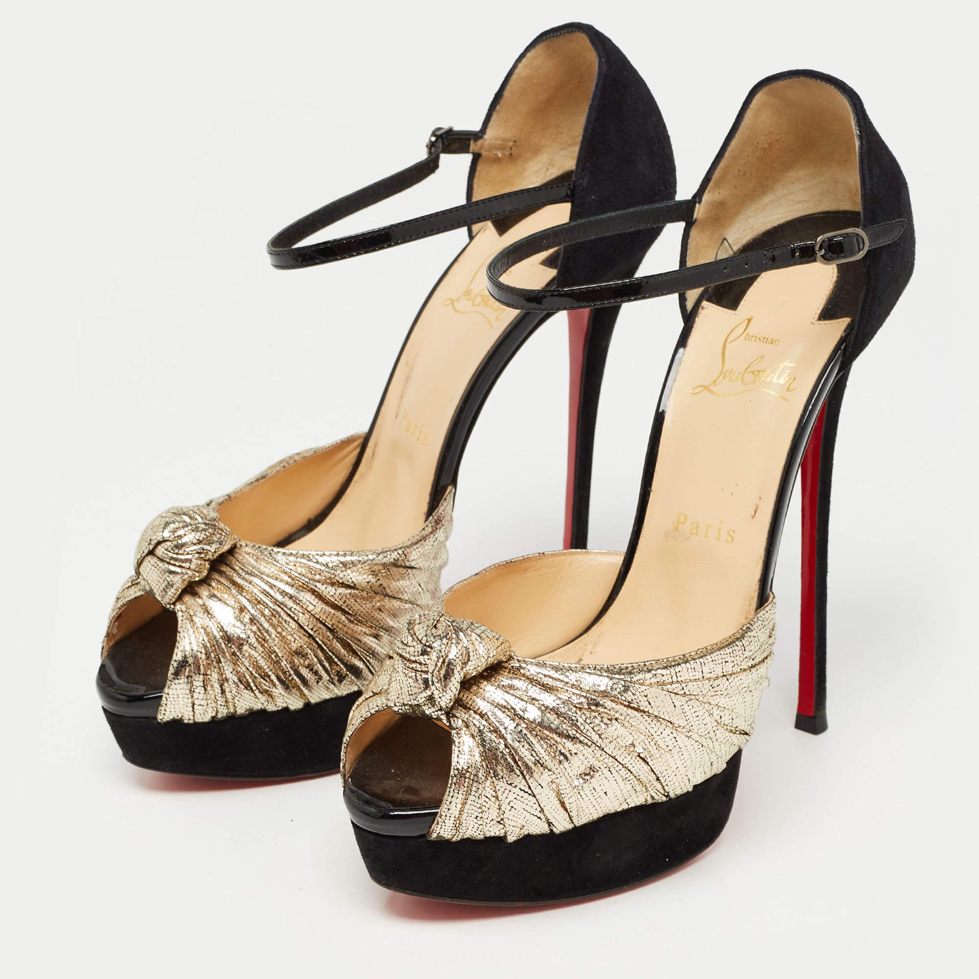 Women's Christian Louboutin Gold/Black Suede and Leather Ankle Strap Louboutin Sandals S For Sale