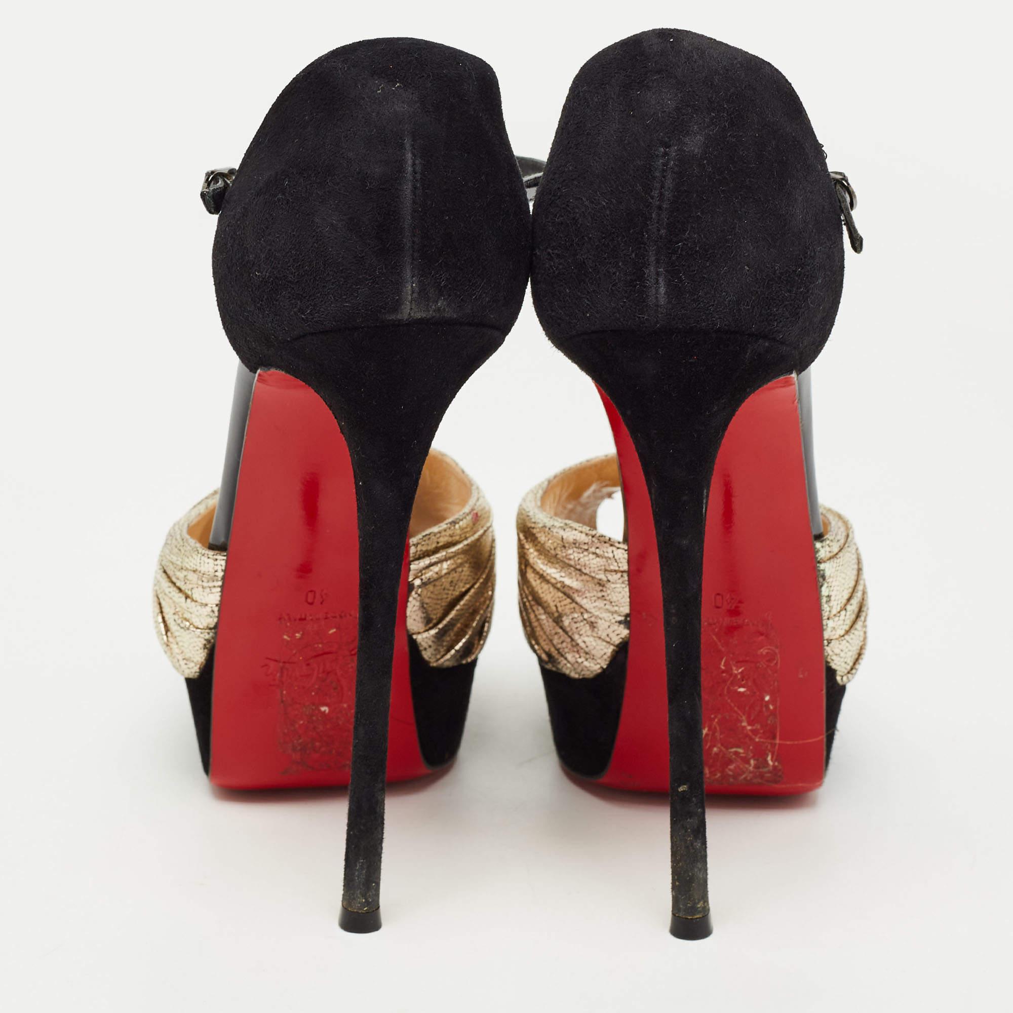 Christian Louboutin Gold/Black Suede and Leather Ankle Strap Louboutin Sandals S For Sale 3
