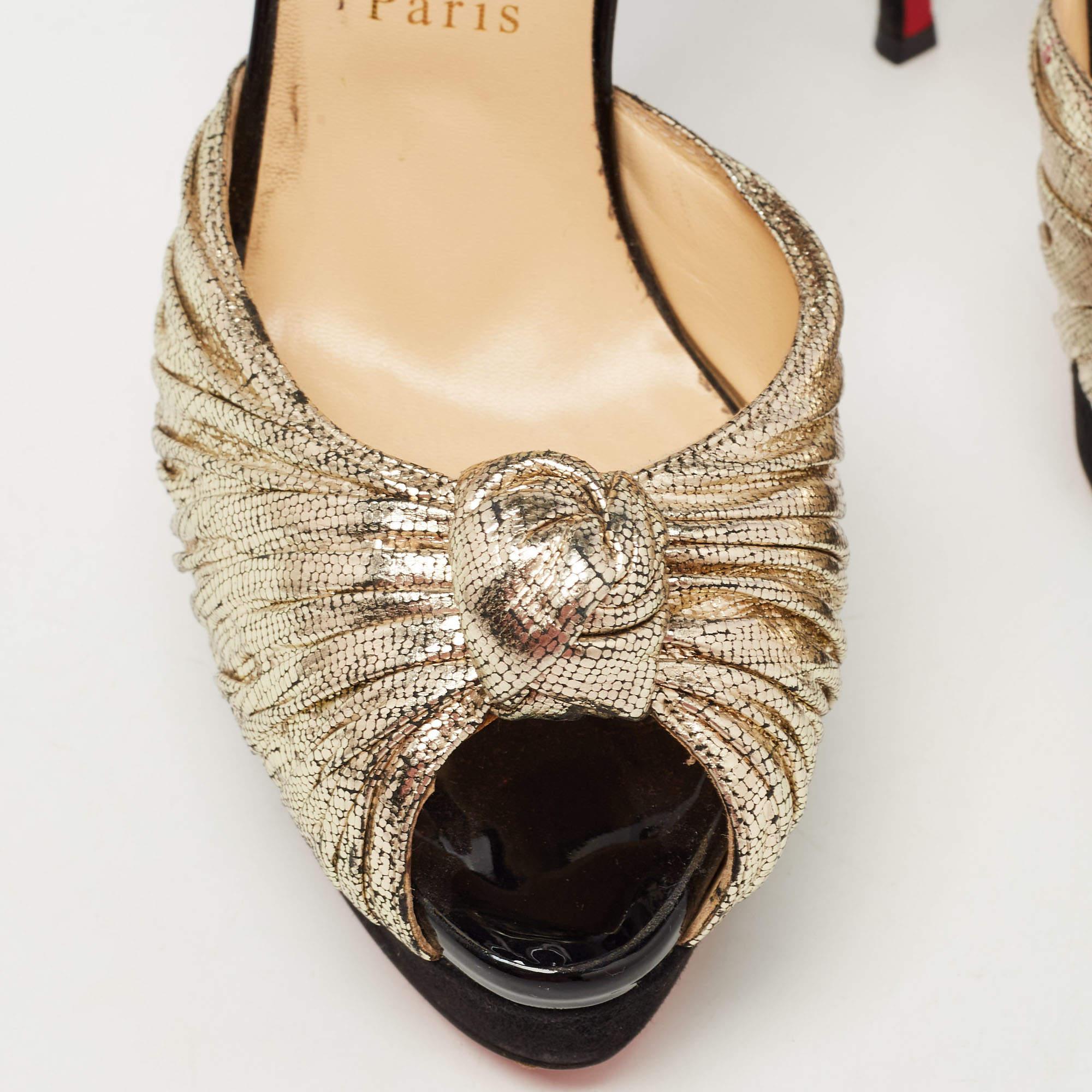 Christian Louboutin Gold/Black Suede and Leather Ankle Strap Louboutin Sandals S en vente 4