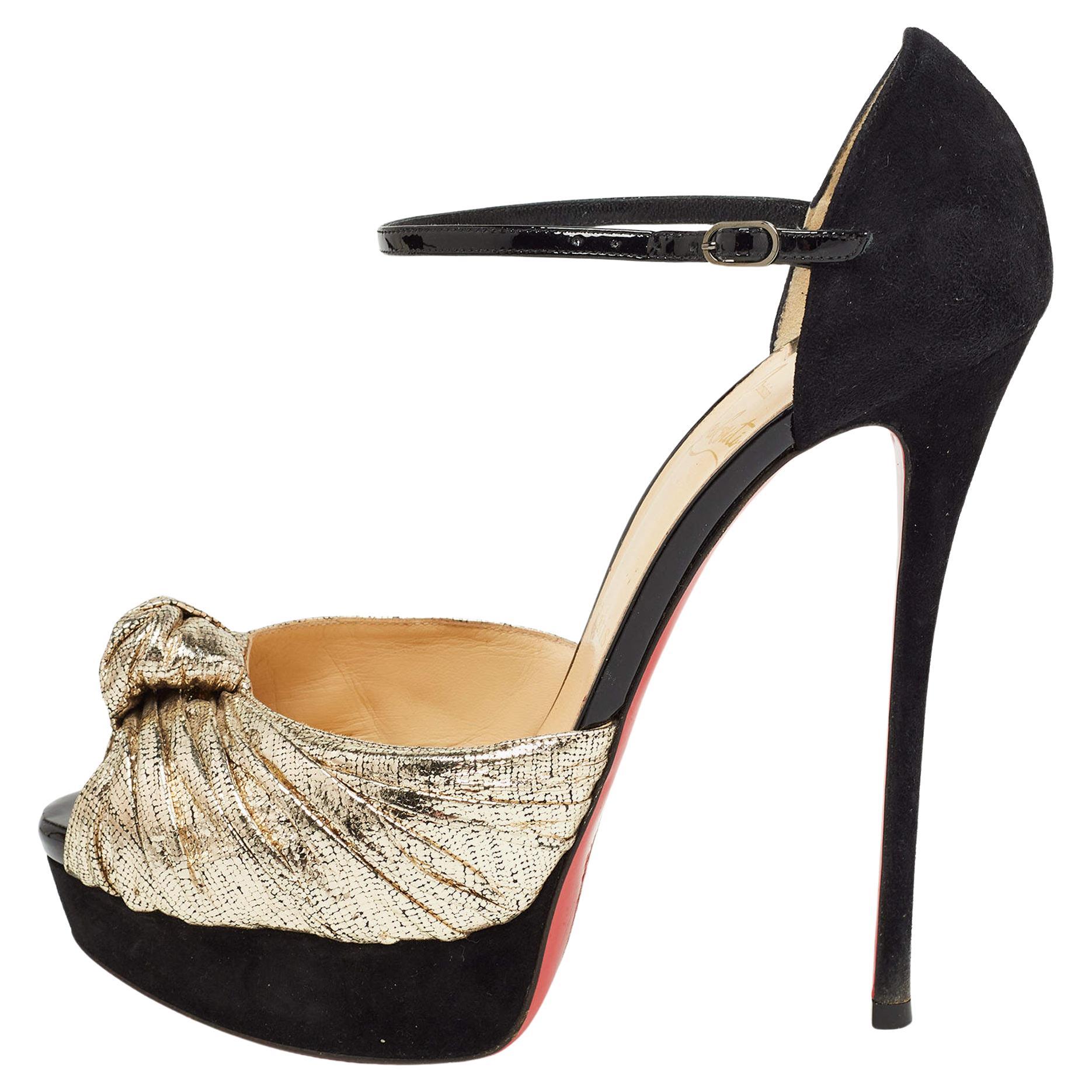 Christian Louboutin Gold/Black Suede and Leather Ankle Strap Louboutin Sandals S en vente