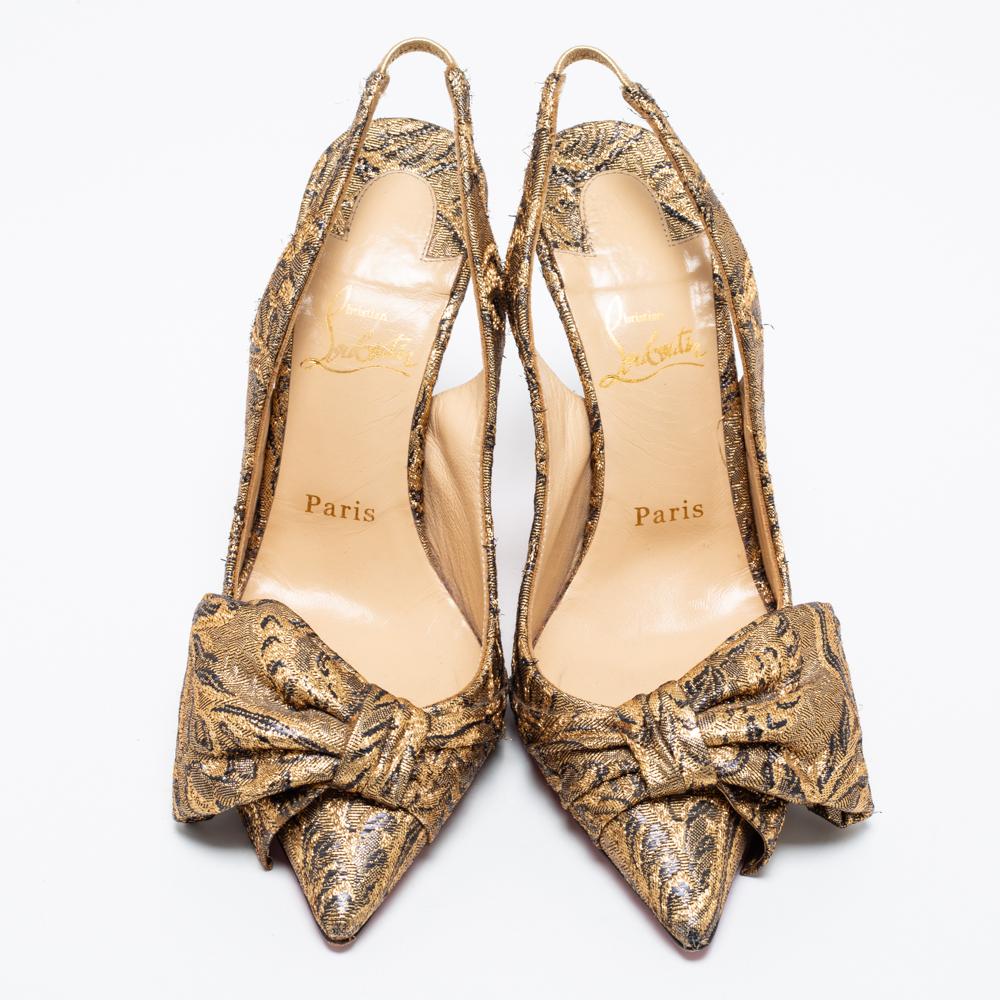 Brown Christian Louboutin Gold Brocade Fabric Kirazissimo Slingback Sandals Size 37.5 For Sale