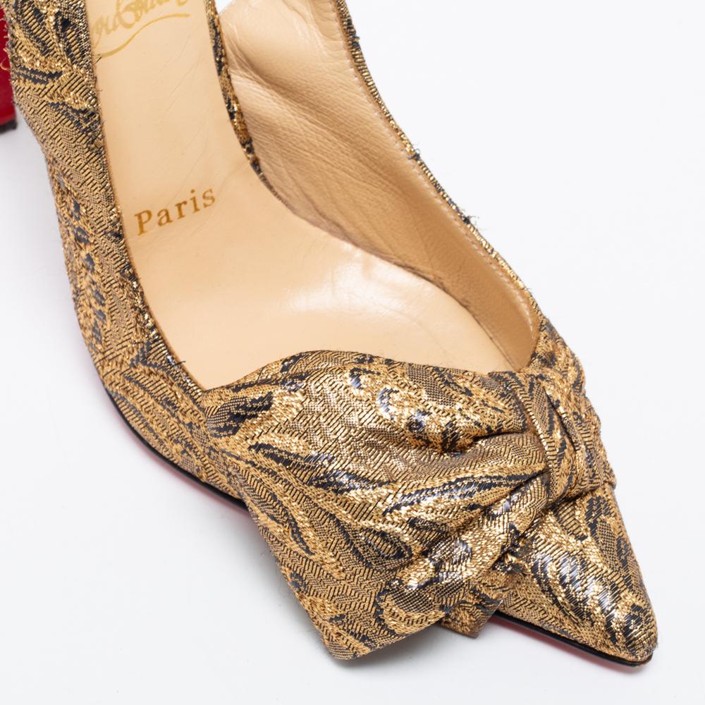 Christian Louboutin Gold Brocade Fabric Kirazissimo Slingback Sandals Size 37.5 For Sale 2