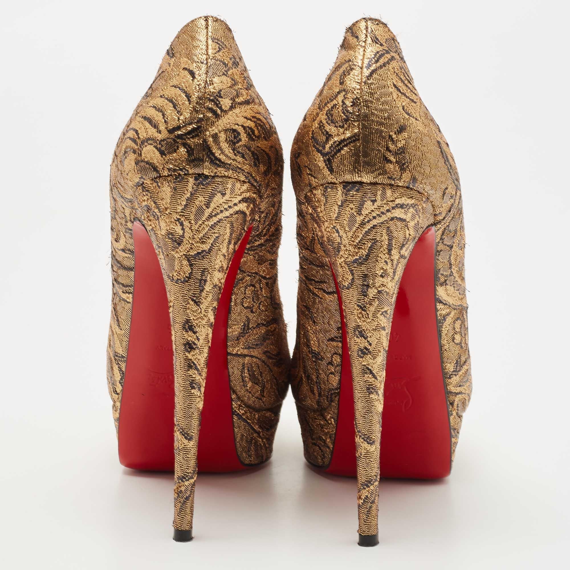 Christian Louboutin Gold Brocade Fabric Lady Peep Pumps Size 40.5 For Sale 2